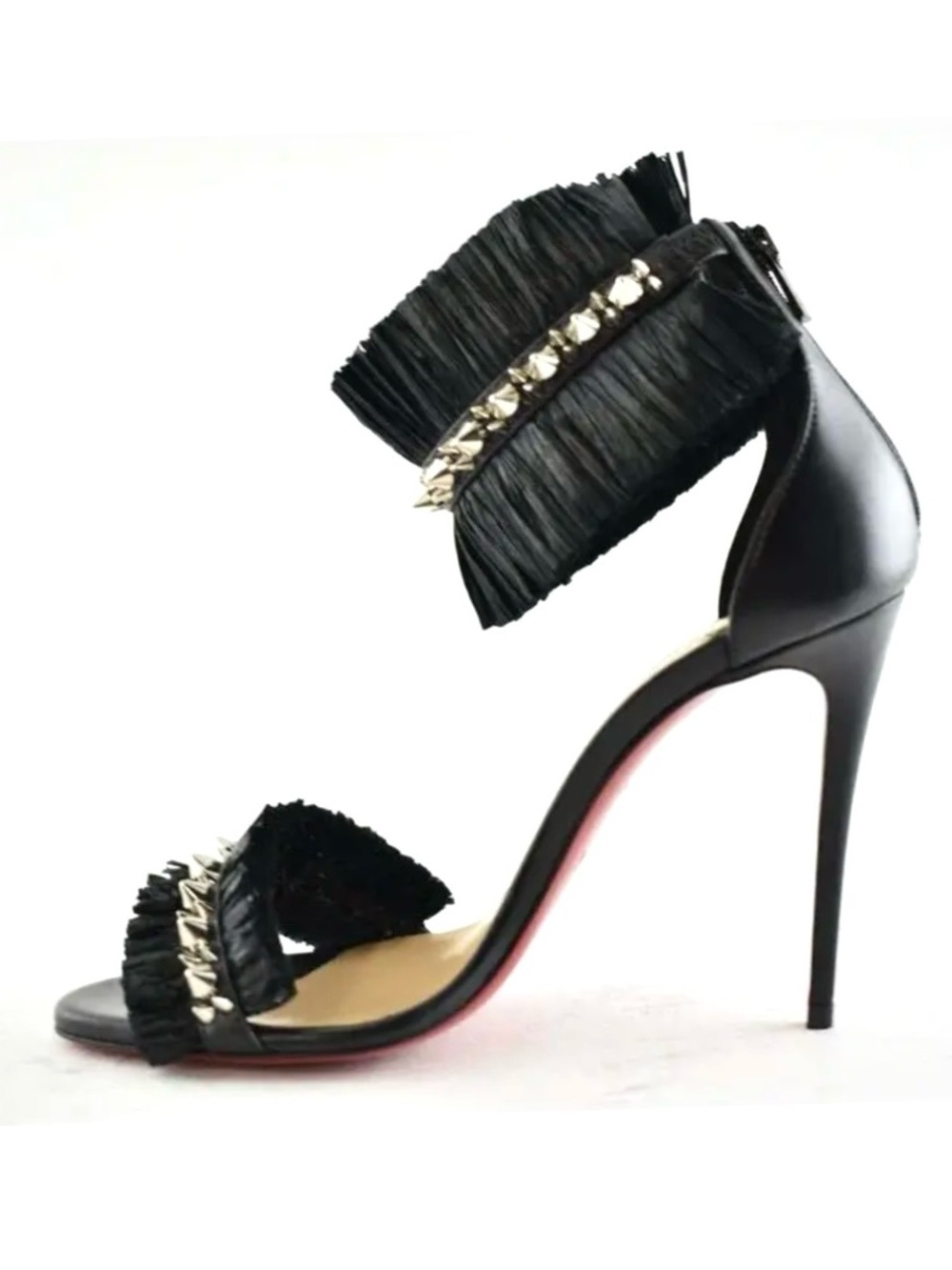 Christian Louboutin Poupedou Black Spike Raffia Ankle Strap Heels EU 39 Red Sole - Picture 4 of 9